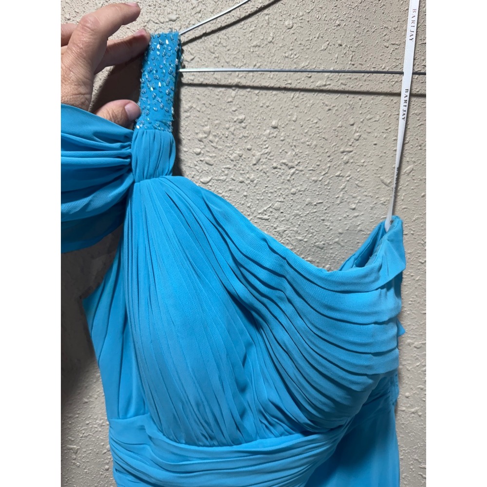 Bari Jay 644 Turquoise Blue One Shoulder Beaded Chiffon Formal Gown Dress Size 4